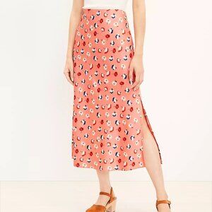 LOFT Daisy Floral Side Slit Satin Midi Slip Skirt Coral M
